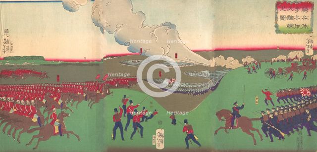 Illustration of Cavalry, Infantry and Soldiers Retreating (Kiheitai, hoheitai, ..., 8th month, 1867. Creator: Tsukioka Yoshitoshi.