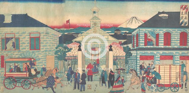 Illustration of Foreign Residences and the Catholic Church in Yokohama (Yokoha..., 10th month, 1870. Creator: Utagawa Hiroshige III.