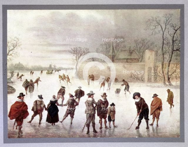 Illustration of people playing golf on frozen water, c18th century. Creator: Unknown.