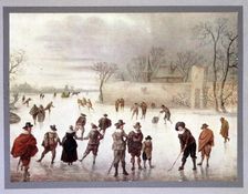 Illustration of people playing golf on frozen water, c18th century