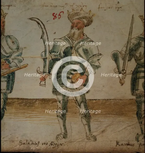 Illustration of Saladin, holding a scimitar, 15th century. Creator: Unknown.