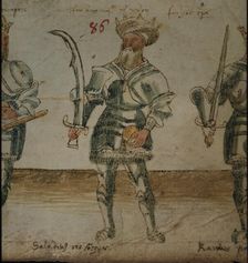 Illustration of Saladin, holding a scimitar, 15th century. Creator: Unknown