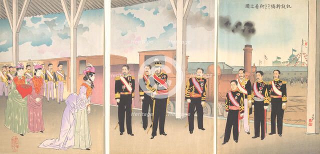 Illustration of the Arrival of the Emperor at Shinbashi Station Following a Victory (Gaise..., 1895. Creator: Kobayashi Kiyochika.