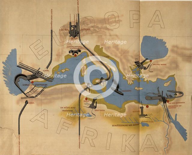 Illustration of the Atlantropa Project. Exhibition flyer, 1932. Creator: Sörgel, Herman (1885-1952).