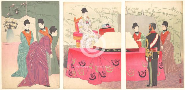 Illustration of the Empress Visiting the General Staff Headquarters [to present a tray of ..., 1895. Creator: Kobayashi Kiyochika.
