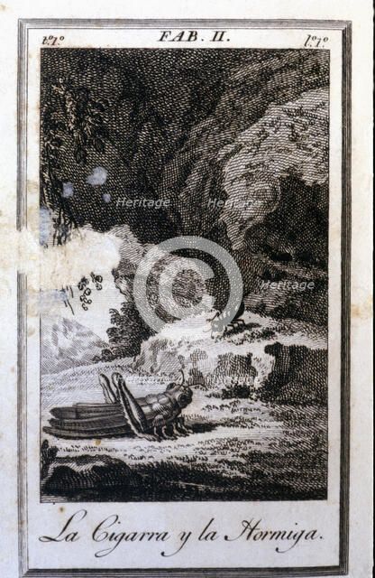 Illustration of the fable 'La cigarra y la hormiga' (The Cicada and the Ant) by Felix Maria de Sa…