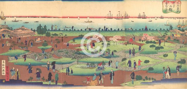 Illustration of the Front Garden of the Tsukiji Hotel in the Eastern Capital (Toto ..., ca. 1868-72. Creator: Utagawa Hiroshige III.