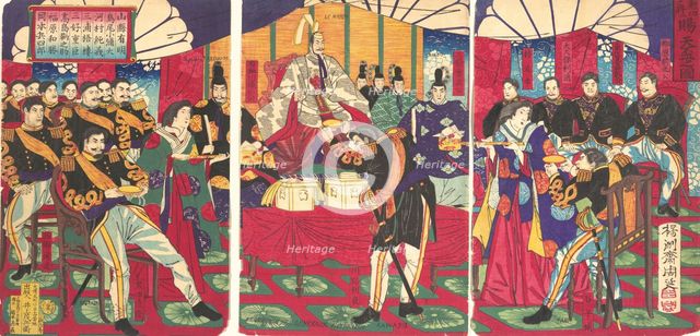 Illustration of the Honored Commanders, Receiving the Emperor's Gift Cup (Kunko..., September, 1877. Creator: Chikanobu Yoshu.