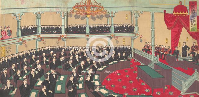 Illustration of The Imperial Assembly of the House of Peers (Teikoku gikai kizokuin no zu)..., 1890. Creator: Chikanobu Yoshu.