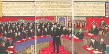 Illustration of the Imperial Diet House of Commons with a Listing of all Members, 10/1890.. Creator: Toyohara Kuniteru