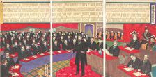 Illustration of the Imperial Diet House of Commons with a Listing of all Members, 10/1890.. Creator: Toyohara Kuniteru