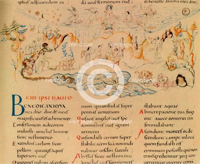 Illustration and part of the text of Psalm 103, c1000-1050, (1947). Creator: Unknown.