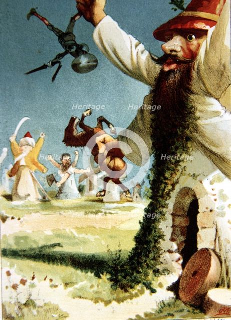 Illustration by Apeles Mestres of the scene 'Windmills' for the edition of Don Quixote, amended b…