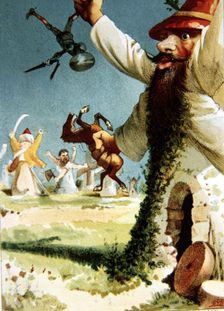 Illustration by Apeles Mestres of the scene Windmills for the edition of Don Quixote, amended b…