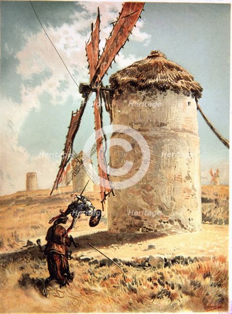 Illustration by Ricardo Balaca, scene of  the mills episode in 'Don Quixote of La Mancha', editio…