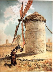 Illustration by Ricardo Balaca, scene of the mills episode in Don Quixote of La Mancha editio…
