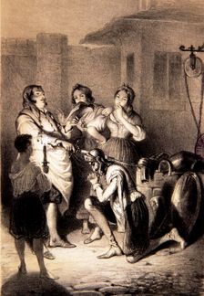 Illustration, Don Quixote is knighted, comparative edition by F. Brotonne of Don Quixote of La M…