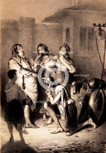 Illustration, Don Quixote is knighted, comparative edition by F. Brotonne of 'Don Quixote of La M…
