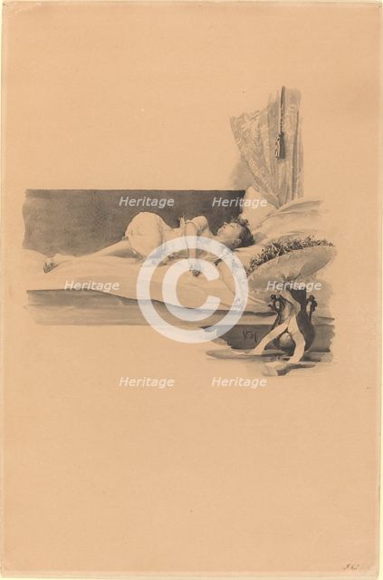 Illustration for "Jestrab Kontra Hrdlicka, XXII" (Girl asleep on a bed), c. 1890. Creator: Karel Vitezslav Masek.