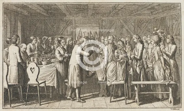 Illustration for Paul Erdmans Fest Wandsbecher 'Messenger from M. Claudius,' fourth part, 1783. Creator: Daniel Nikolaus Chodowiecki.