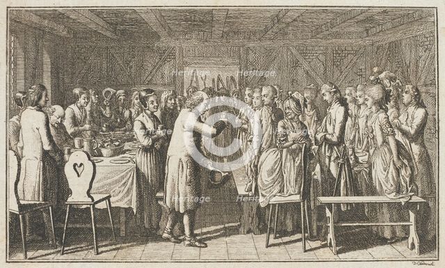 Illustration for Paul Erdmans Fest Wandsbecher 'Messenger from M. Claudius,' fourth part, 1783. Creator: Daniel Nikolaus Chodowiecki.