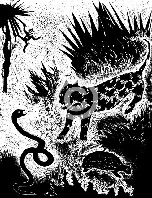 Illustration from the book Just so stories..., by Rudyard Kipling, 1931.  Artist: David Sterenberg