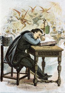 Illustration in El Sueño de las calaveras (The Dream of Skulls) by Francisco de Quevedo, 19th c…