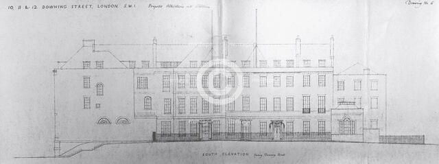 Illustration showing proposed alterations and additions to 10, 11, 12 Downing Street, 1958. Creator: Raymond Erith.