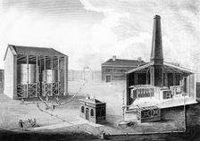 Illustration showing the working spaces of a gas works, 1828