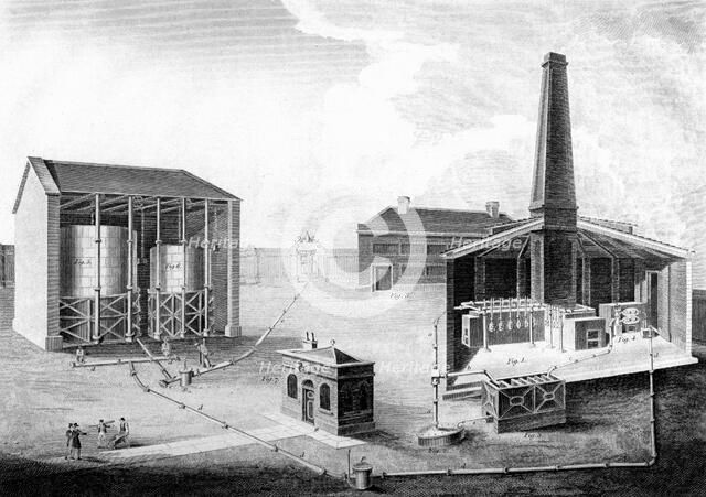 Illustration showing the working spaces of a gas works, 1828. Artist: Unknown