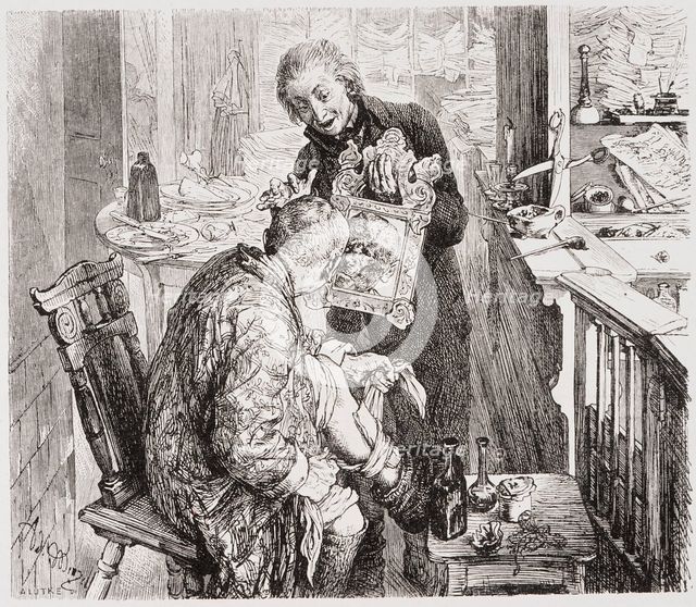 Illustration to Act 1 of Heinrich von Kleist's 'The Broken Jug', 1877. Creator: Adolph Menzel.