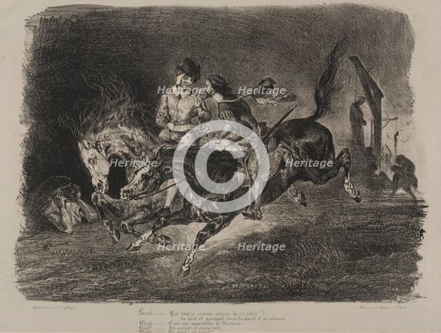 Illustrations for Faust: Faust and Méphistophélés horse riding on the Sabbath, 1828. Creator: Eugène Delacroix (French, 1798-1863); Chez Ch. Motte, Éditeur, distributed by Chez Sautelet, Libraire.