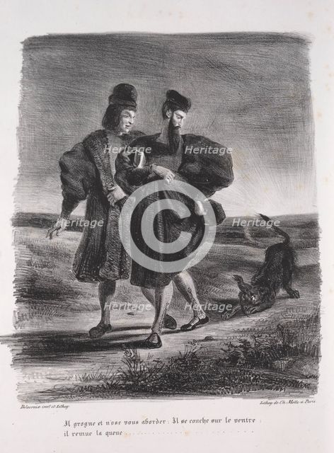 Illustrations for Faust: Faust, Méphistophélé and the barbet, 1828. Creator: Eugène Delacroix (French, 1798-1863); Chez Ch. Motte, Éditeur, distributed by Chez Sautelet, Libraire.