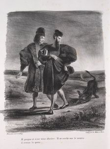 Illustrations for Faust: Faust, Méphistophélé and the barbet, 1828. Creator: Eugène Delacroix (French, 1798-1863); Chez Ch. Motte, Éditeur, distributed by Chez Sautelet, Libraire