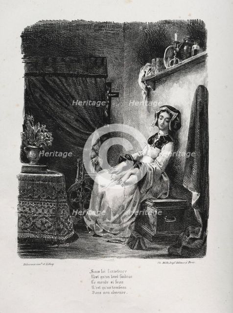 Illustrations for Faust: Marguerite with the wheel, 1828. Creator: Eugène Delacroix (French, 1798-1863); Chez Ch. Motte, Éditeur, distributed by Chez Sautelet, Libraire.