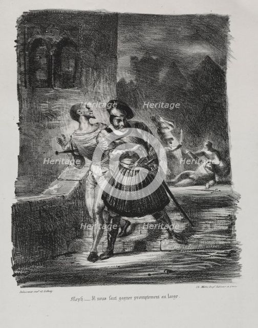 Illustrations for Faust: Méphistophélés and Faust flee after the duel, 1828. Creator: Eugène Delacroix (French, 1798-1863); Chez Ch. Motte, Éditeur, distributed by Chez Sautelet, Libraire.