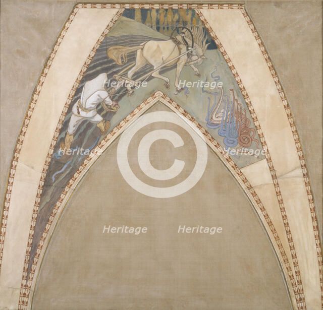 Ilmarinen Ploughing the Viper-Field, sketch for the cupola frescoes of the Finnish Pavilion..., 1899 Creator: Akseli Gallen-Kallela.