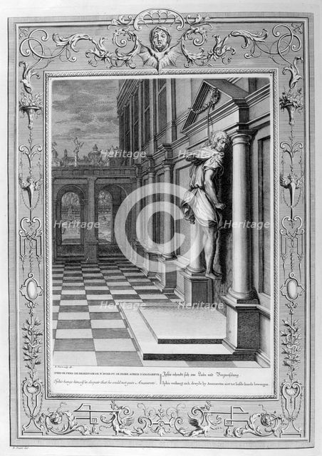 Iphis hangs himself in despair that he could not gain Anaxarete, 1733. Artist: Bernard Picart