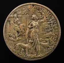 Ippolita as Diana with Hunting Dogs in a Landscape; behind her Pluto and Cerberus [reverse], 1551. Creator: Leone Leoni