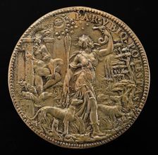 Ippolita as Diana with Hunting Dogs in a Landscape; behind her Pluto and Cerberus [reverse], 1551. Creator: Leone Leoni