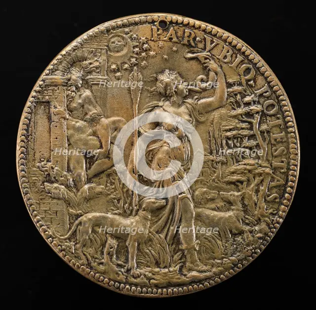 Ippolita as Diana with Hunting Dogs in a Landscape; behind her Pluto and Cerberus [reverse], 1551. Creator: Leone Leoni.