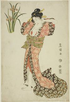 Irises: beauty arranging hair, from an untitled series of beauties and flowers, 1812. Creator: Utagawa Toyokuni I