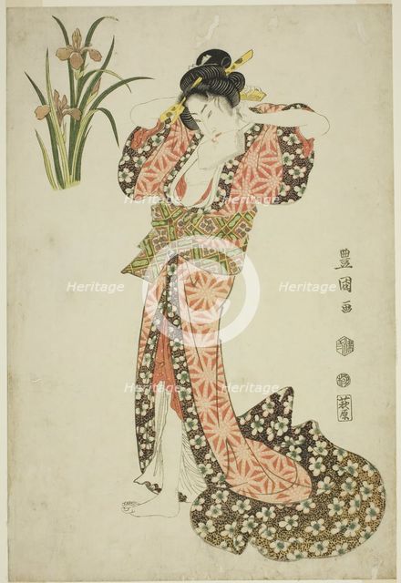 Irises: beauty arranging hair, from an untitled series of beauties and flowers, 1812. Creator: Utagawa Toyokuni I.