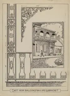 Iron Work on Balcony, c. 1936. Creator: Al Curry