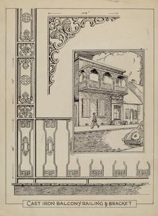 Iron Work on Balcony, c. 1936. Creator: Al Curry