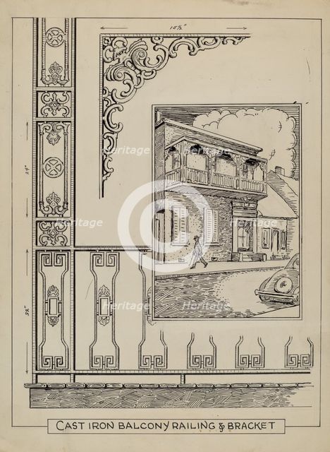 Iron Work on Balcony, c. 1936. Creator: Al Curry.