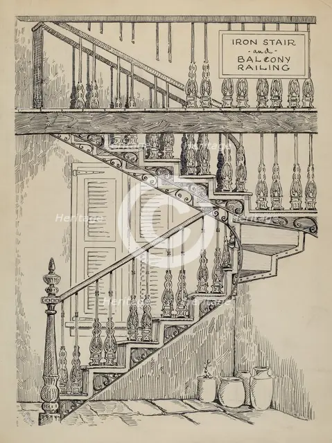 Iron Work on Stairway, c. 1936. Creator: Al Curry.