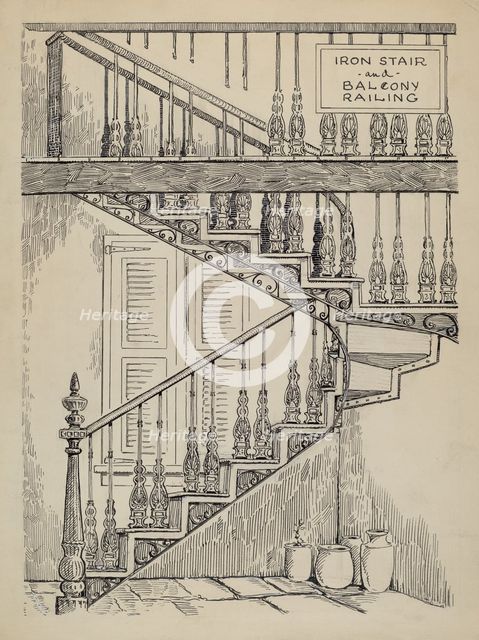Iron Work on Stairway, c. 1936. Creator: Al Curry.