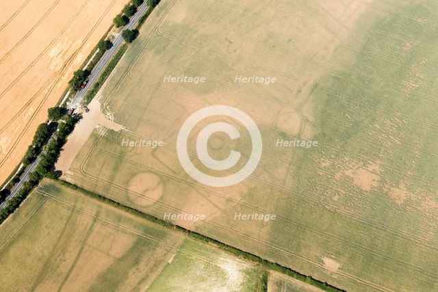 Iron Age settlement crop mark on the Yorkshire Wolds, near Settringham, North Yorkshire, 2018. Creator: Historic England.