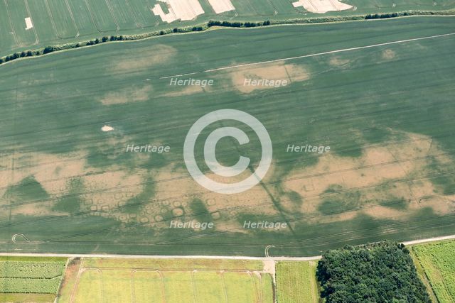 Iron Age square barrow cemetery crop mark on Haisthorpe Moor, East Riding of Yorkshire, 2018. Creator: Historic England.